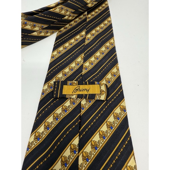 Brioni Luxury Mens Neck Tie Black Navy & Gold Striped W/Cream Blue Accents Italy - Picture 2 of 6